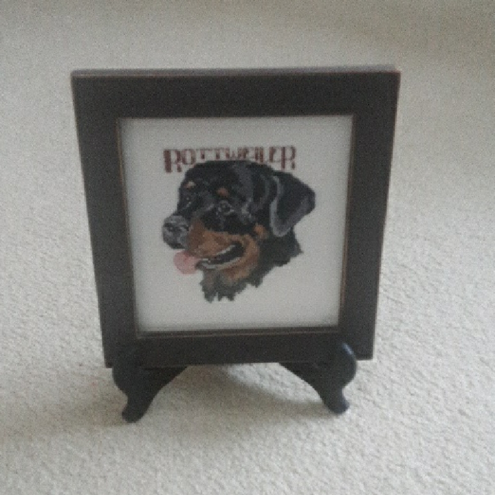 Rottweiler Embroidered Framed Art With Black Slightly Distressed Wood Frame
